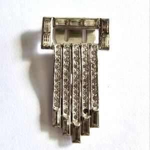 Vintage clip Art Deco style fur dress silver tone rhinestones bow loops pin